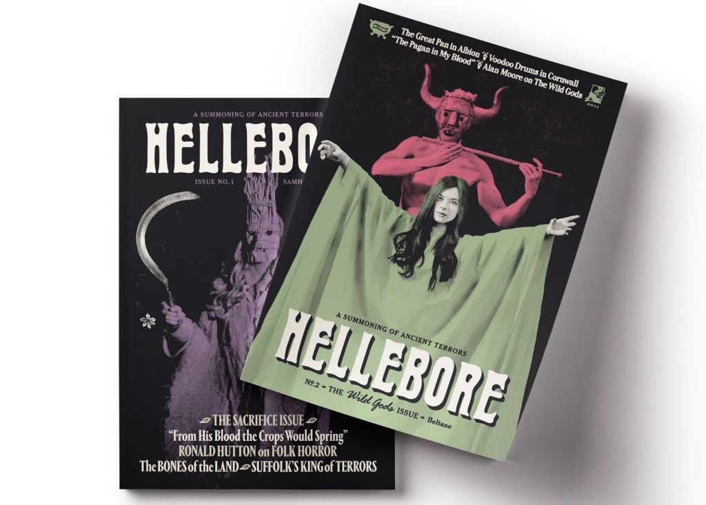 Cover images of the 1st two issues of Hellebore provided by Maria J. Perez Cuervo. Issue 1 is the Sacrifice Issue and features cover art titled "Come Unto the Corn" by Paul Watson. The image is a human figure wearing a corn mask and wielding a sickle and sheath of corn. Issue 2 is The Wild Gods Issue and features cover art titled "Who Chanced to Meet the Great God Pan" by the Occult Party art collaborative. The photo is of a white woman with long dark hair. She wears green drapes and is standing with arms raised  in front of a flute playing figure wearing a horned Pan mask. Both covers have black backgrounds and the title of the magazine in white typeface.